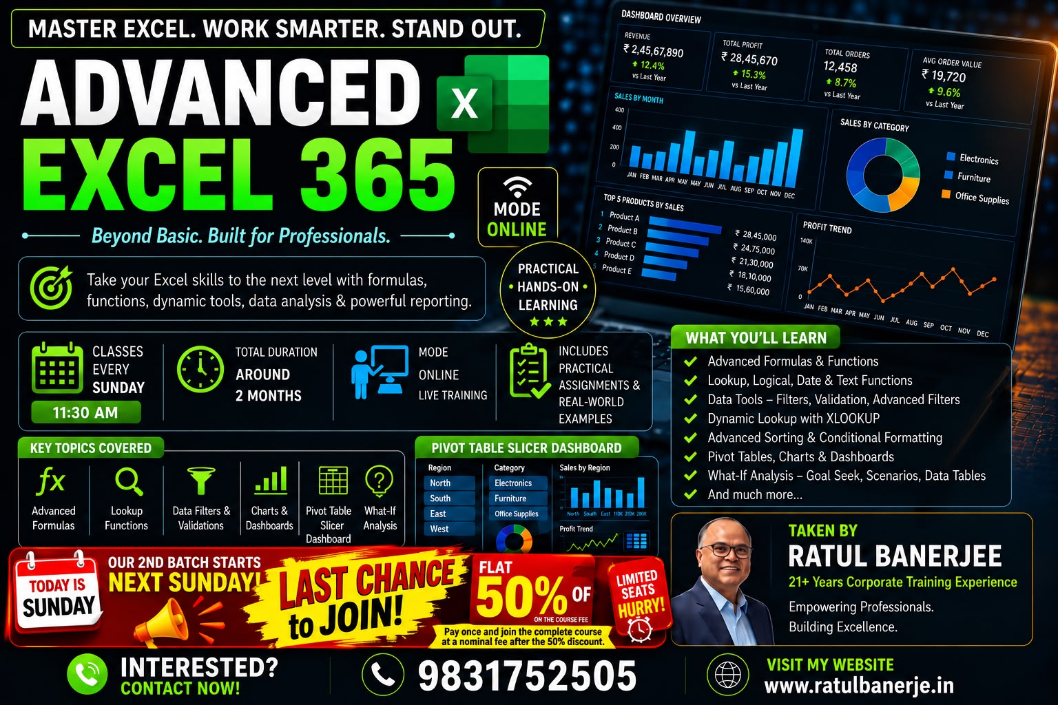 Advanced Excel new batch — starting 13th September, every Sunday morning, flat 50% discount, limited seats